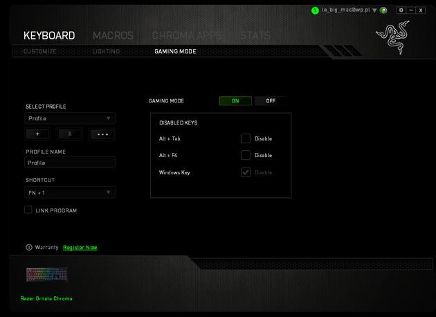 Razer Ornata Chroma - ustawienia trybu gry w Razer Synapse