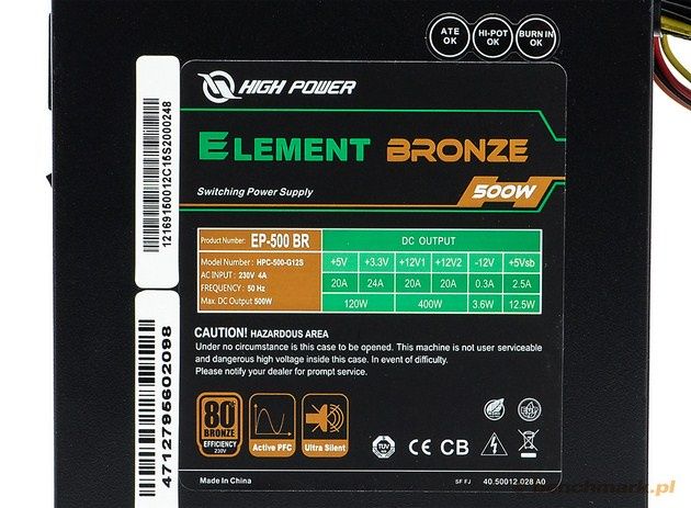 High Power Element Bronze 500 W - tabliczka znamionowa