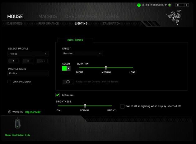 Razer DeathAdder Elite - ustawienia podświetlenia