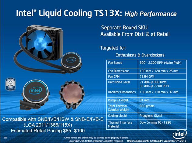 Intel Liquid Cooling TS13X kompaktowe chłodzenie cieczą slajd specyfikacja