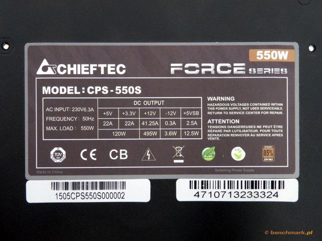 Chieftec Force CPS-550S zasilacz tabliczka znamionowa