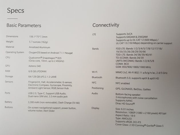 OnePlus 5T specyfikacja