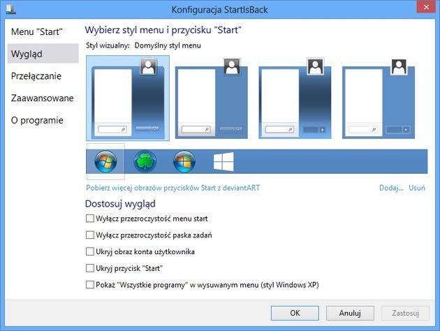 kilka styli wyświetlania menu start w StartIsBack