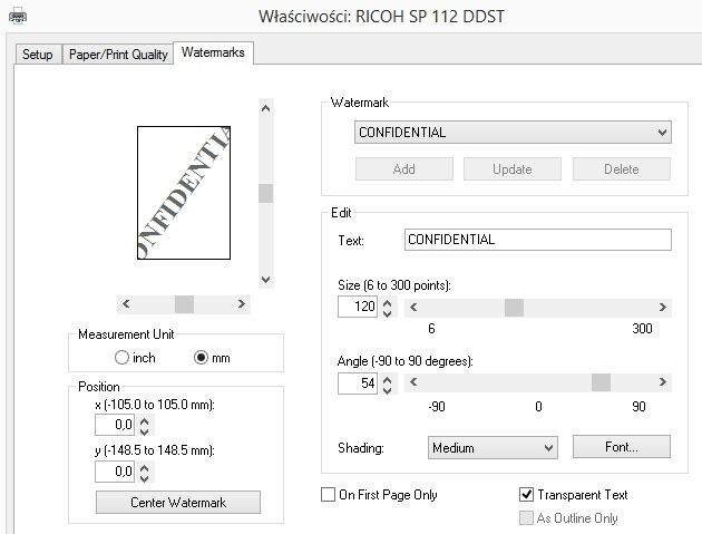 Ricoh SP 112 ustawienia znak wodny