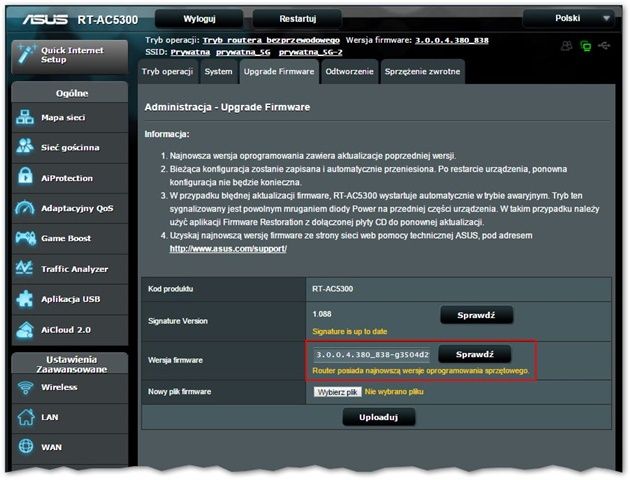 Asus RT-AC5300 informacja o braku nowszej wersji firmware