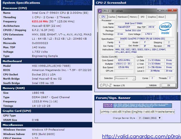 Intel Core i7-5960X procesor podkręcony do 6253 MHz walidacja