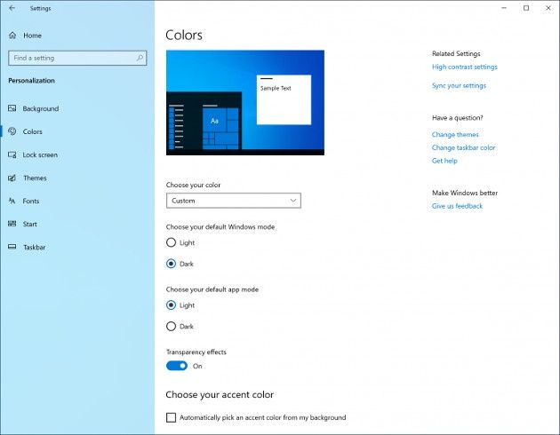 Windows 10 Light Mode menu
