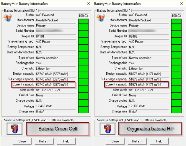 Porównanie baterii w programie Battery Monitor
