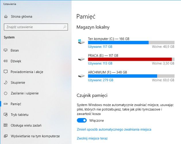 Windows 10 czujnik pamięci