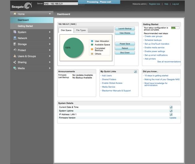 Seagate NAS dashboard