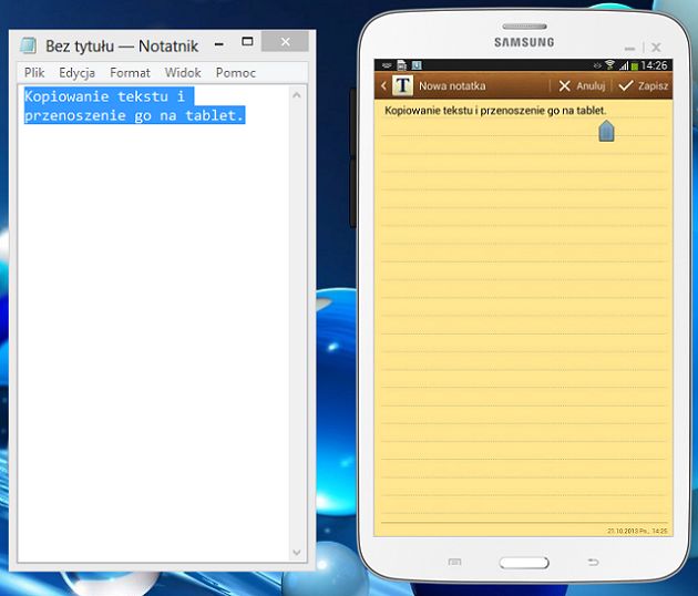 SideSync Phonescreen Sharing kopiowanie tekstu na tablet