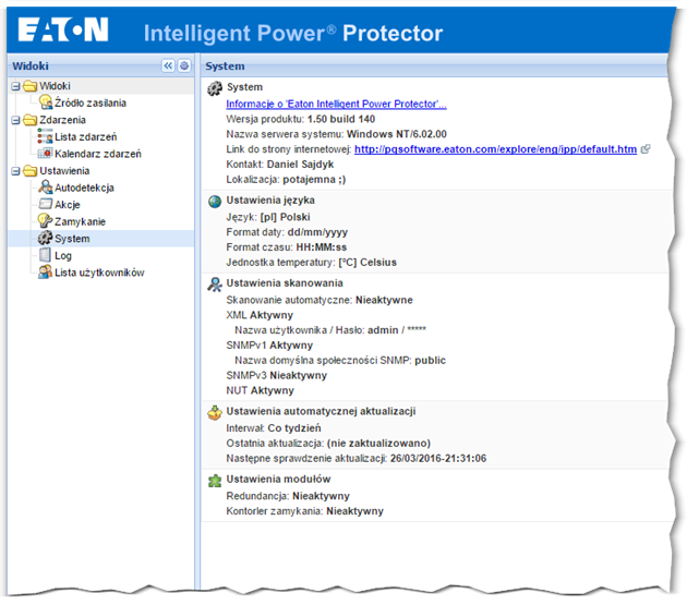 Intelligent Power Protector zakładka system
