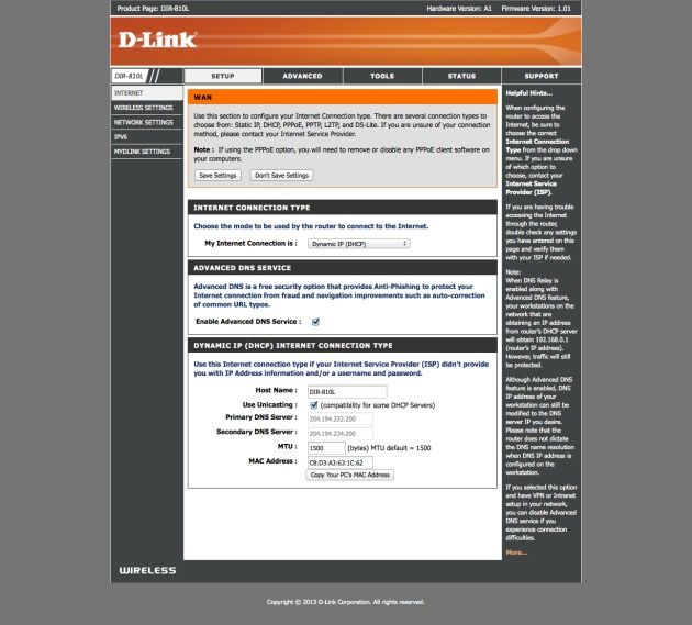 D-Link DIR-810L menu