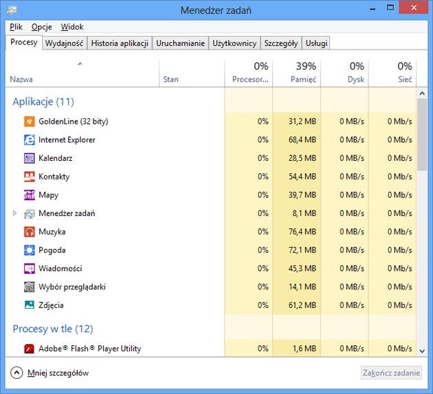 Zużycie pamięci przez aplikacje z Windows 8 - można uruchomić ich wiele, a system i tak pracuje bardzo dynamicznie