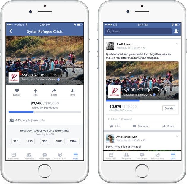 Facebook Fundraisers mobile