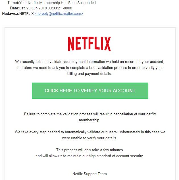Netflix mail fałszywy mailer