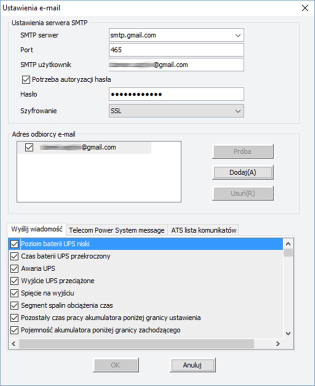 Winpower Menadżer - Ustawienia e-mail