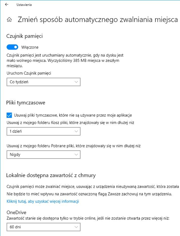 Windows 10 czujnik pamięci ustawienia