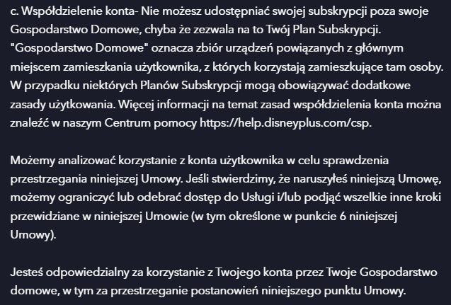 Zakaz współdzielenia konta Disney+ - umowa subskrypcyjna
