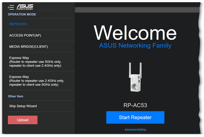 Ekran startowy konfiguracji repeatera Asus RP-AC53