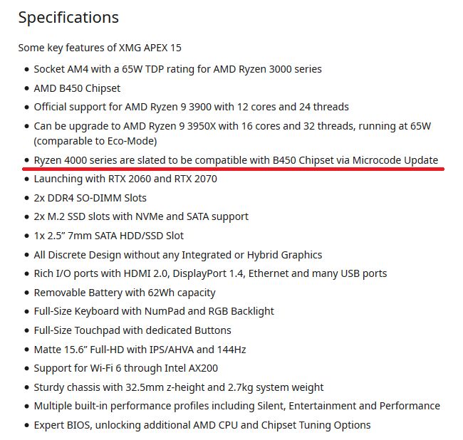 XMG Apex 15 - kompatybilność laptopa z procesorami AMD Ryzen 4000