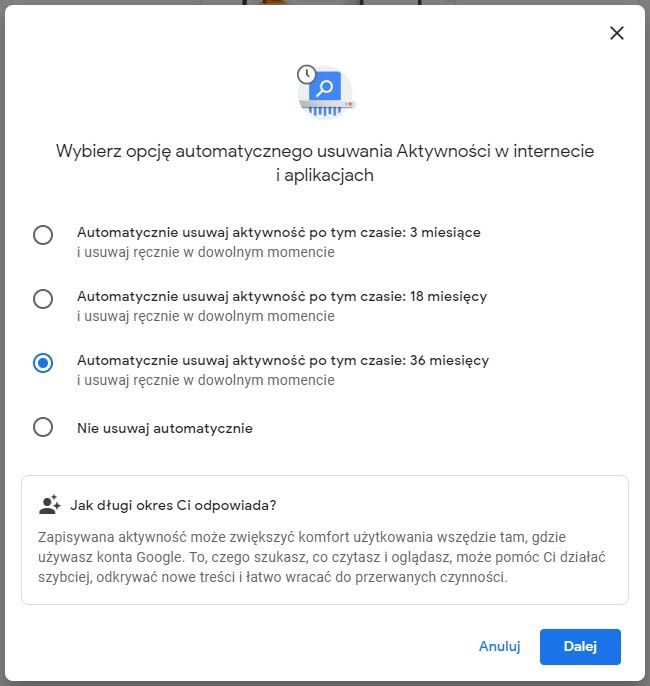 Automatyczne usuwanie aktywności w Google