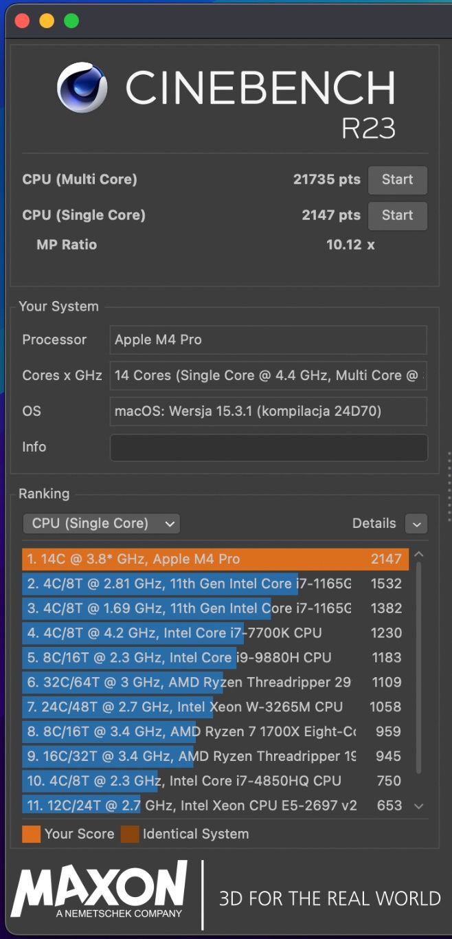 Mac mini M4 Pro - Cinebench R23