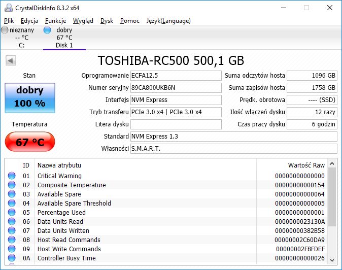 Toshiba RC500 500GB - CrystalDiskInfo