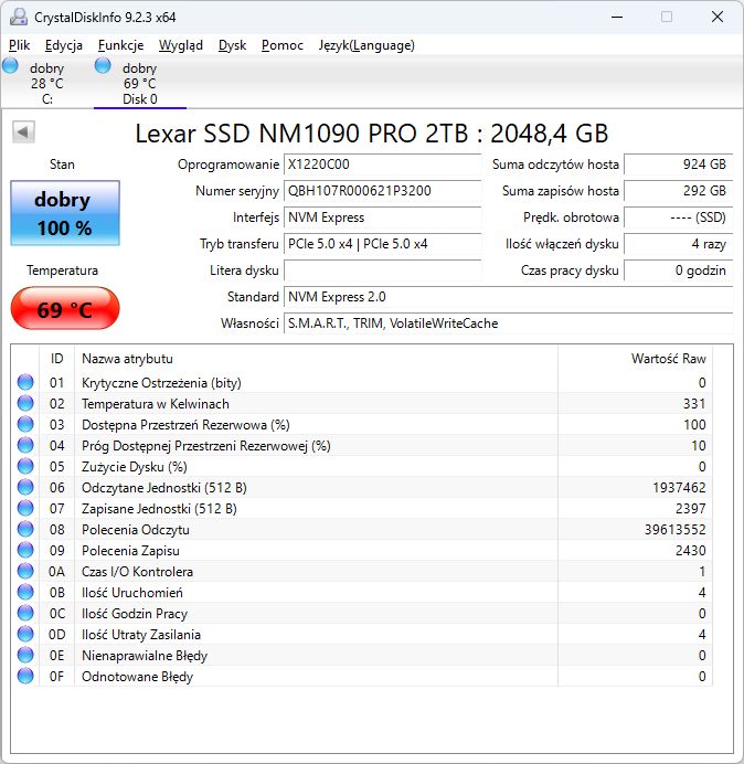 Lexar NM1090 PRO 2 TB - temperatura dysku bez radiatora