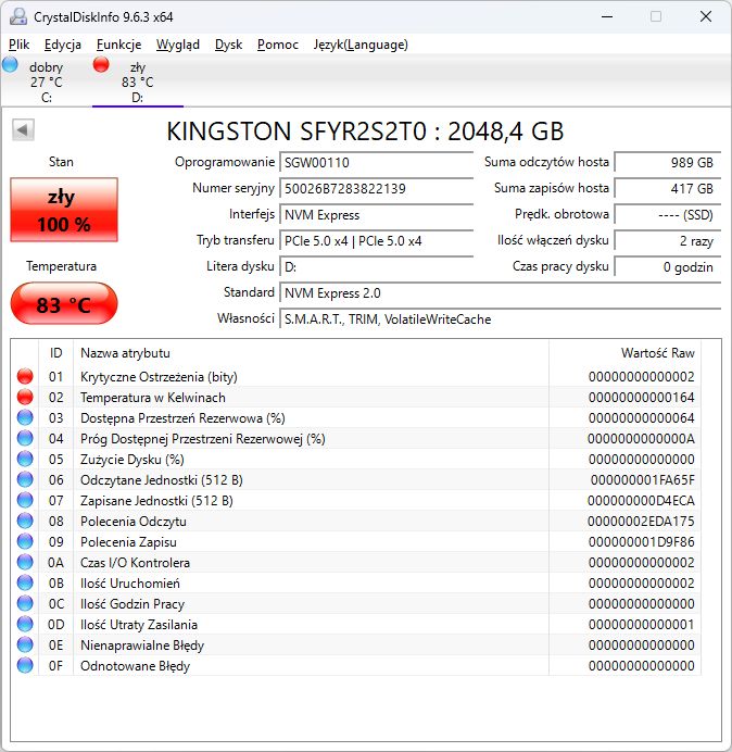 Kingston Fury Renegade G5 2TB - temperatury bez radiatora