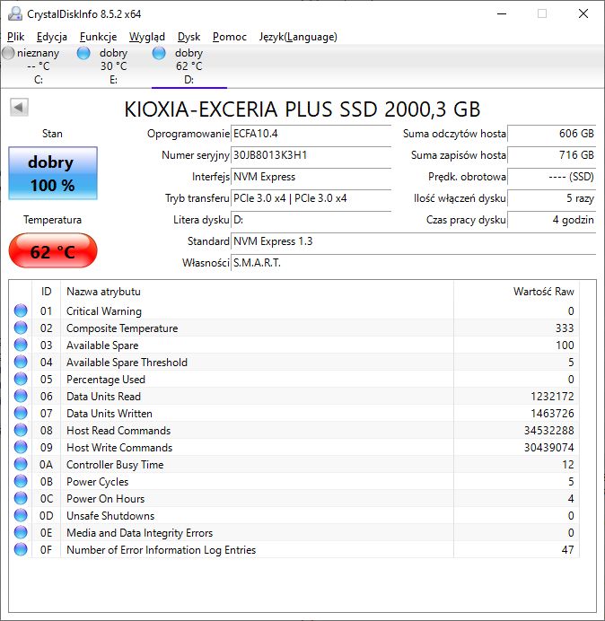 Kioxia Exceria Plus 2 TB - temperatury