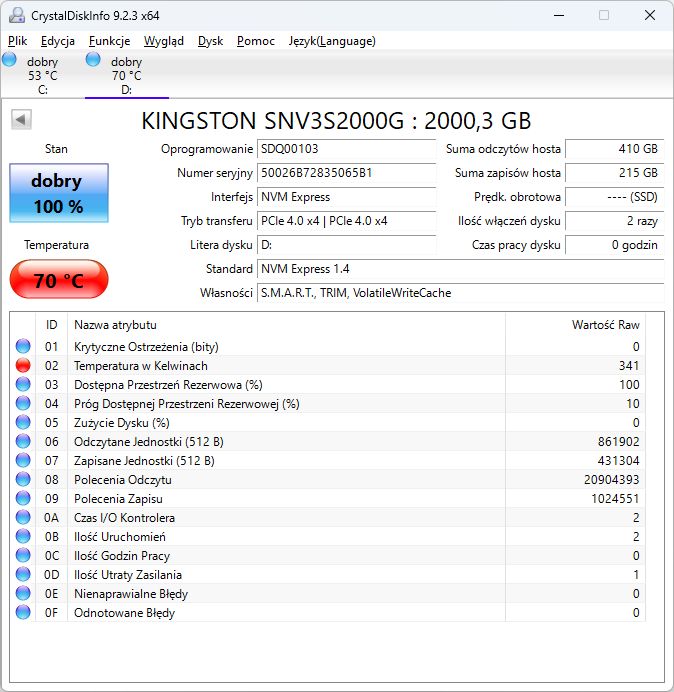 Kingston NV3 2 TB - temperatury