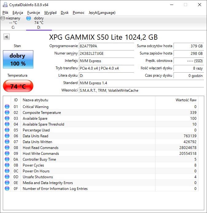 ADATA XPG Gammix S50 Lite 1TB - temperatury
