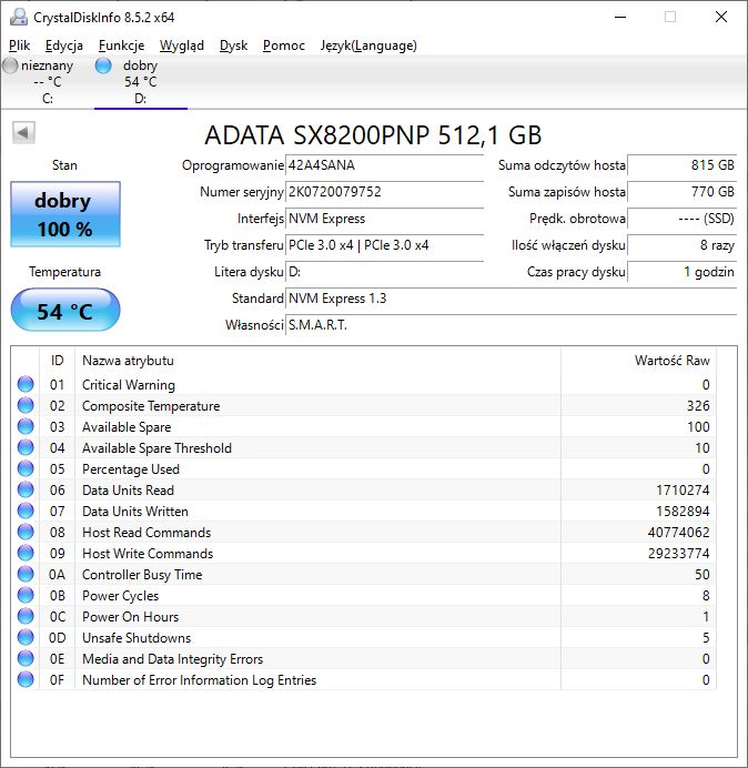 ADATA XPG SX8200 PRO 512 GB - temperatury bez radiatora
