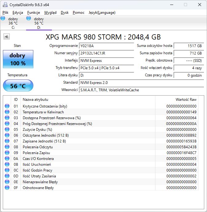 ADATA XPG MARS 980 Storm - temperatury