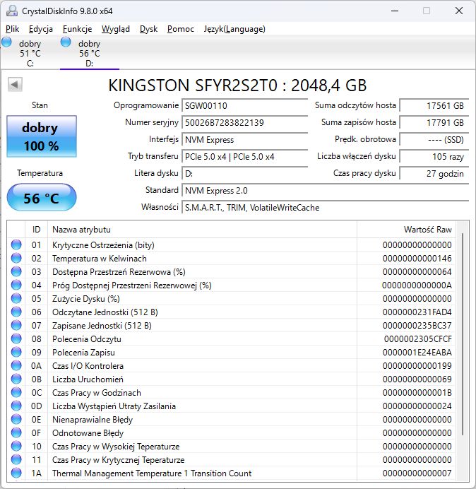 Kingston Fury Renegade G5 - temperatury dysku SSD