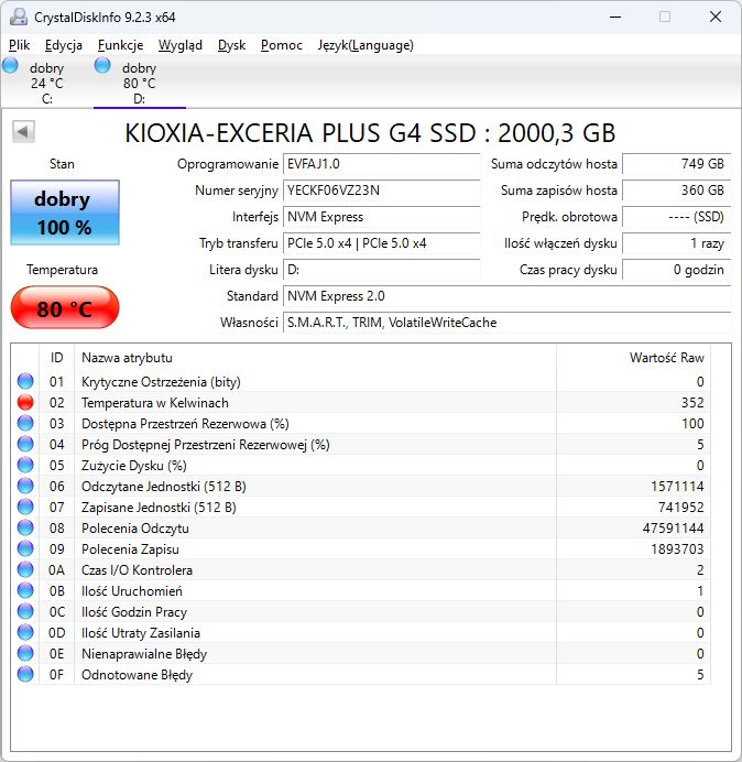 Kioxia Exceria Plus G4 2 TB - temperatury dysku bez radiatora