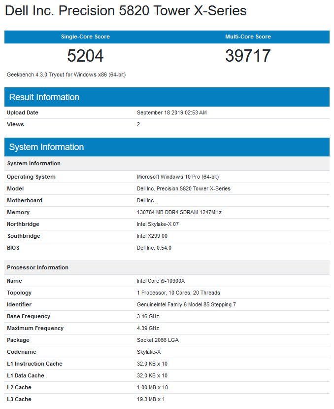 Intel Core i9-10900X - GeekBench