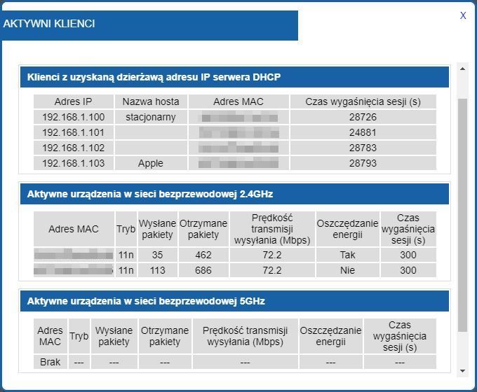 Okno z aktywnymi klientami