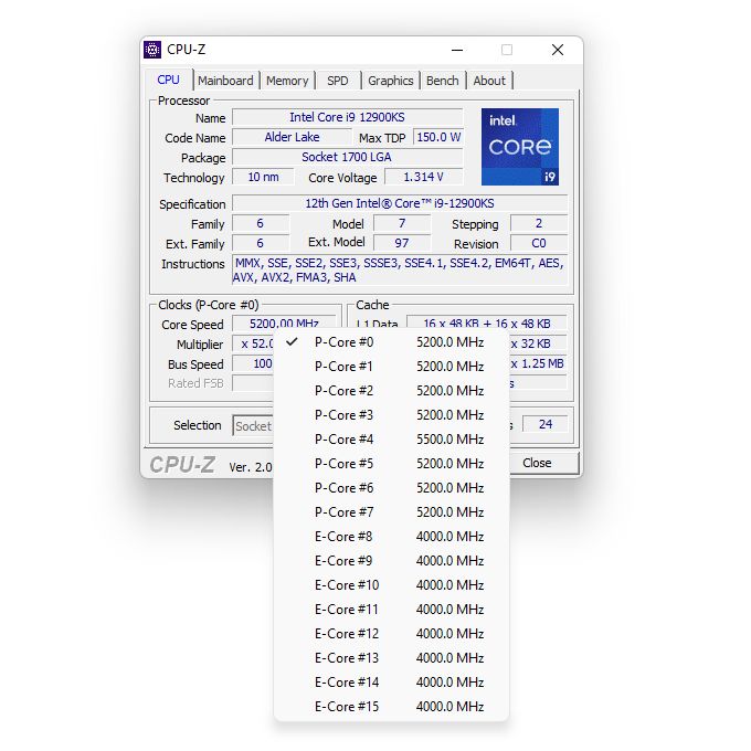 Intel Core i9-12900KS - taktowanie procesora