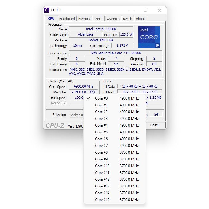 Intel Core i9-12900K - taktowania