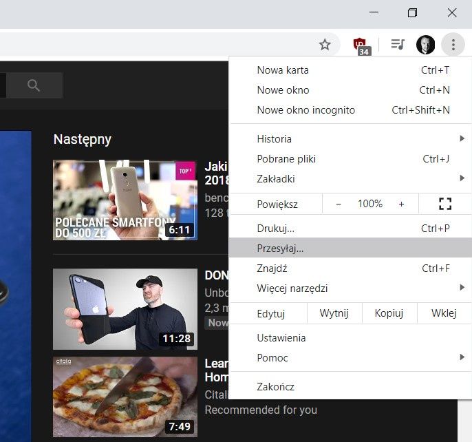 Otwórz menu przeglądarki i kliknij Przesyłaj