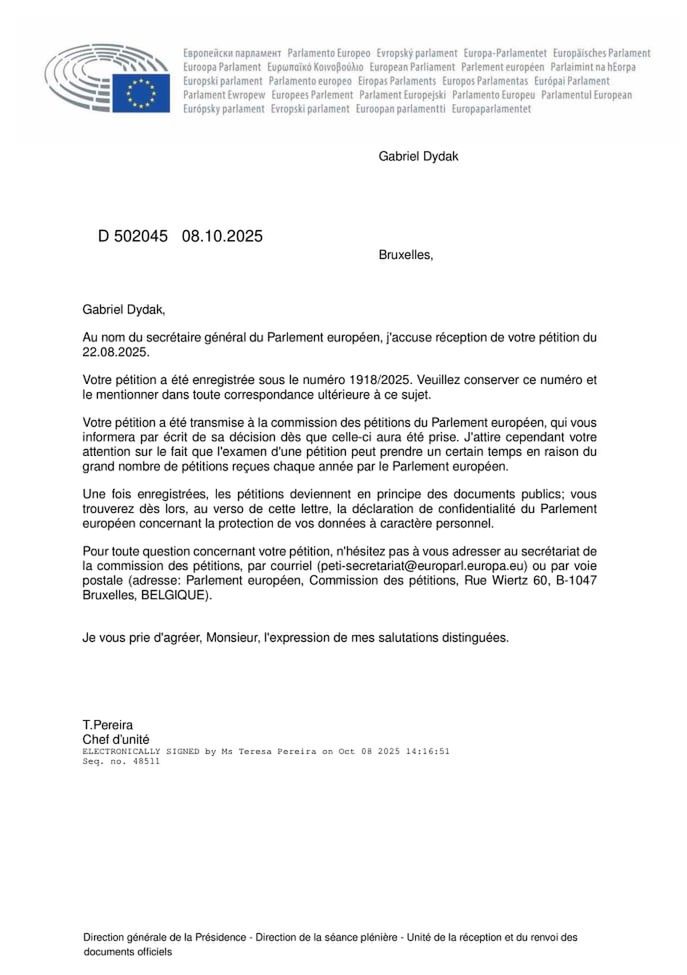 Petycja i potwierdzenie z Komisji Europejskiej