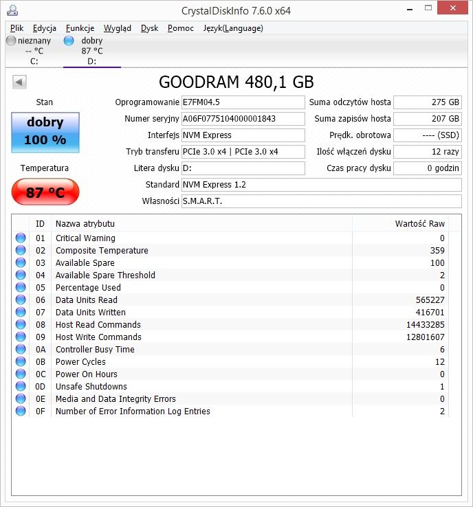 GOODRAM IRDM Ultimate 480 GB - temperatury bez radiatora