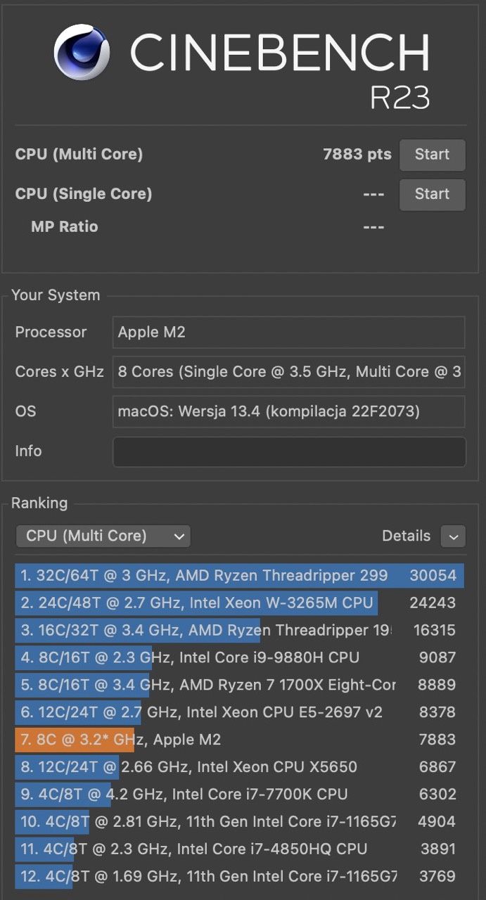 MacBook Air 15 cali Cinebench multi core