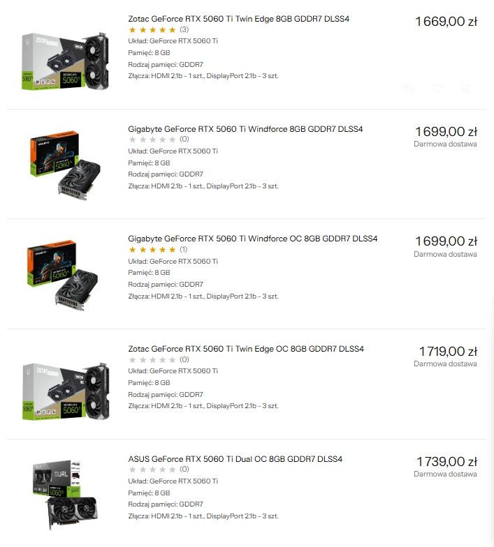 GeForce RTX 5060 Ti - ceny kart 8 GB