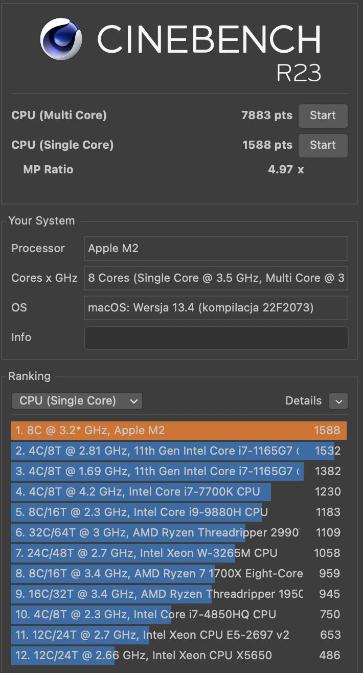 MacBook Air 15 cali Cinebench single core