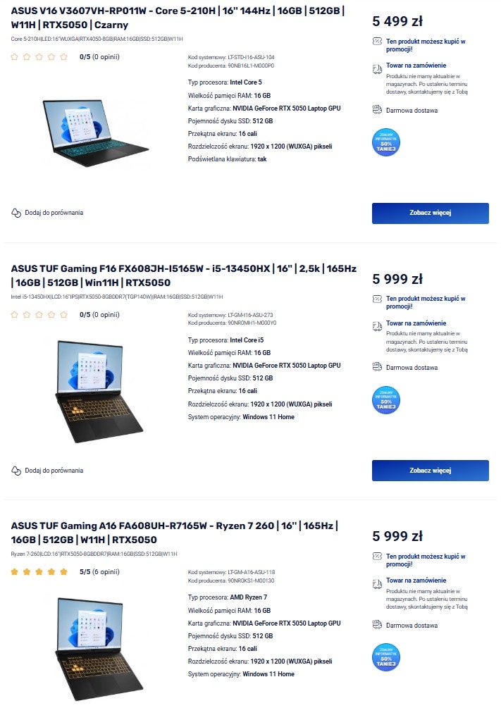 ASUS - laptopy z GeForce RTX 5050