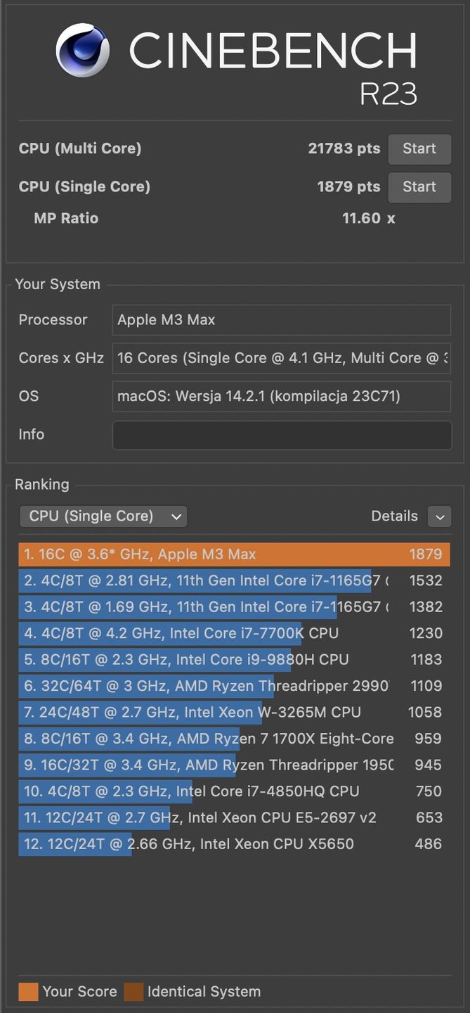 MacBook pro m3 max cinebench r23