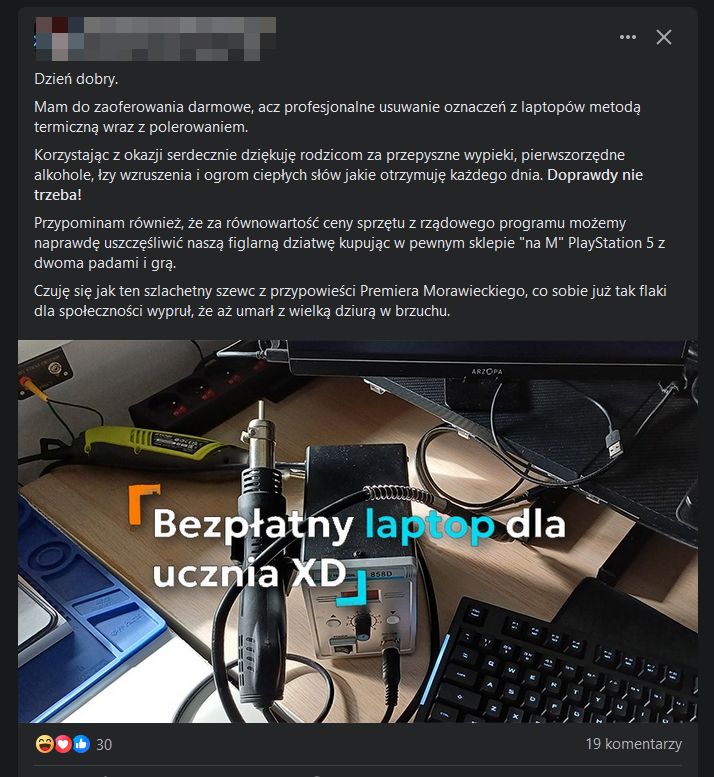 Laptop dla ucznia - usuwanie oznaczeń